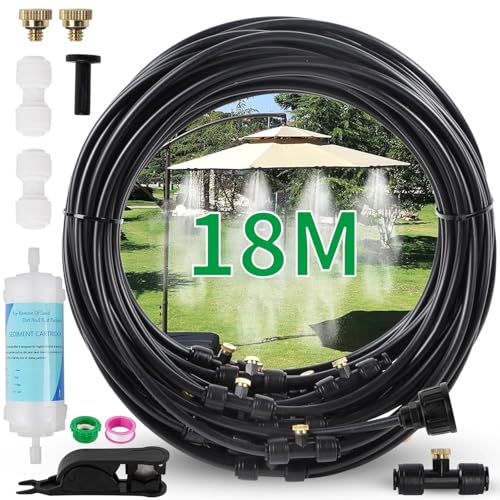 Wzzy Gurden Outdoor Misting System Sprühnebel Kühlung Terrasse(18M) mit Wasserfilter - Nebelsystem Linie 20 Messing-Nebeldüsen Messingadapter (3/4) Terrassennebel zum Kühlen von Außengewächshaus