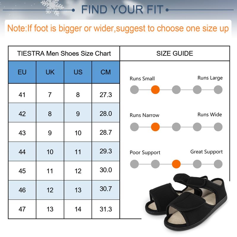 TIESTRA Chaussons Chauds pour Hommes à Pieds Larges,Chausson Diabétiques en Peau D'agneau pour I'hiver,Chaussons en Feutre à Bout Ouvert,Semelle en Mousse à Mémoire de Forme Noir 41-46