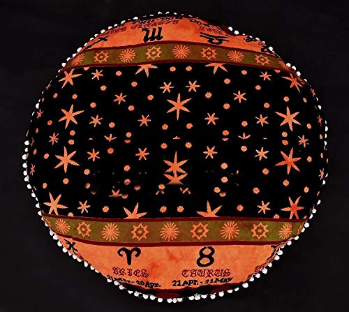 Gdonline Zodiac Astrology Mandala Cotton Round Floor Pillow Ethnic Indian Meditation Round Cushion Cover Indian Mandala Horoscope Printed Round Pouf Orange Color #TOP1