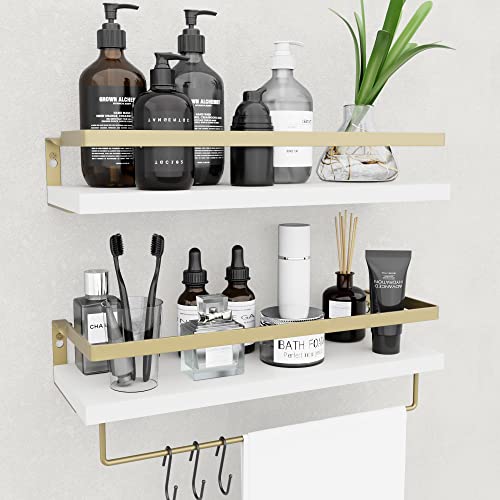 Mzf Home Decor Floating Shelves, Wall Shelves With Towel Bar/Hooks, Bathroom Wall Decor, Floating Shelves Wood For Bathroom/Living Room/Kitchen/Bedroom,(Gold-White) Floating Bathroom Shelves #TOP17