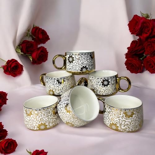 Image of DMRD Porcelain Tea Set with Kettle |Tea Cup Set 7Pc | Aesthetic and Classic Cups Set | Premium Crockery for Home & Gifting with Golden Color Geometric Pattern Design. (Vintage Gold)