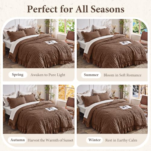 Image of JOLLYVOGUE Dark Brown Queen Comforter Set,3pcs Ruffle Seersucker Bed Set | OEKO-TEX Certified, All Season, Down Alternative Fill, Lightweight Bedding Set with Ruffle Comforter & Pillowshams, Easy Care