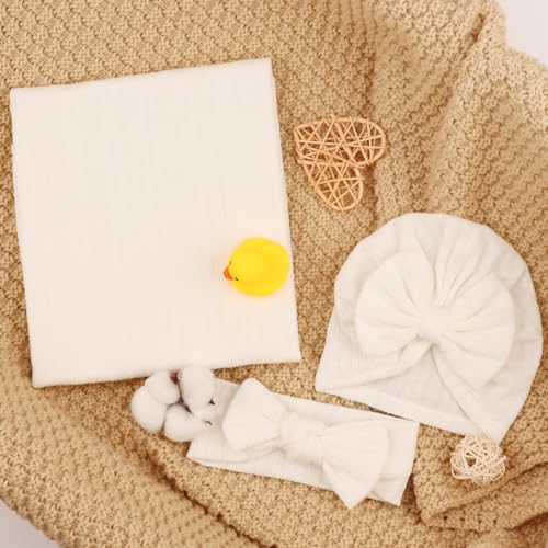 Image of DRESHOW BQUBO Newborn Receiving Blanket Toddler Warm for Girls with Bow Hat and Bow Headband Shower Gift