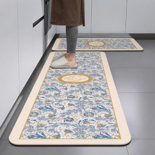 Image of HomeCloud Rubber Kitchen Mats for Floor Set of 2 Pcs|Non-Skid, Soft Absorbent Rugs for Kitchen, Laundry, and Hallway|120x40cm, 40x60cm| 4mm Thickness (Botanica Beige Blue)