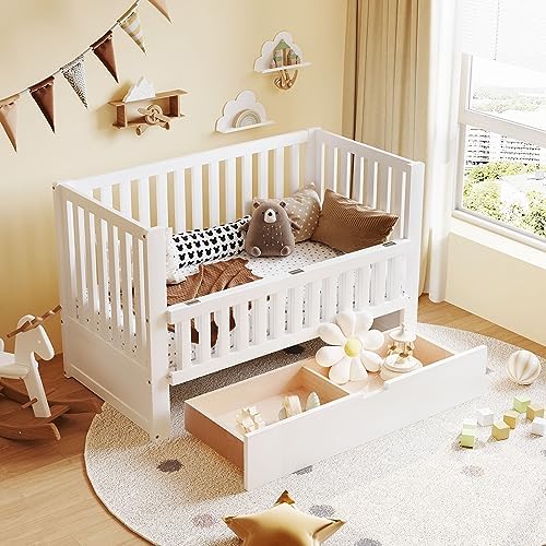 Oudiec Convertible Crib with Two Storage Drawers and 3 Height Options – CPC Certified, Cribs Can be Converted Into Toddler Beds, Fits Standard Size Crib Mattress Support, White