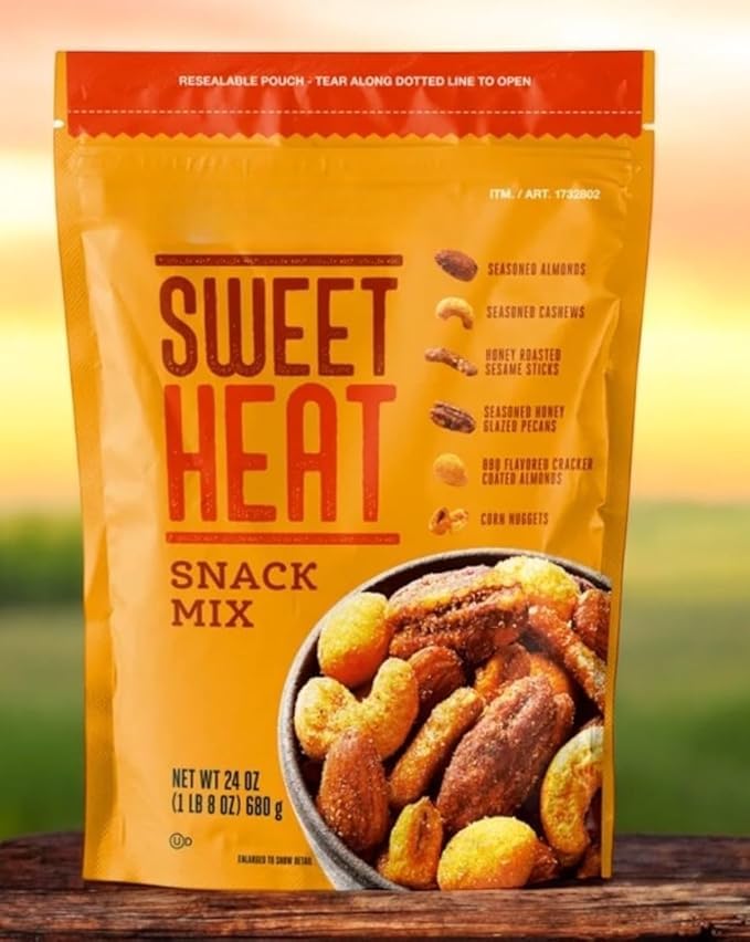 Kirklant Sweet Heat Snack Mix – BBQ Almonds, Seasoned Cashews, Honey Roasted Sesame Sticks, Glazed Pecans & Corn Nuggets – 24 oz Resealable Bag