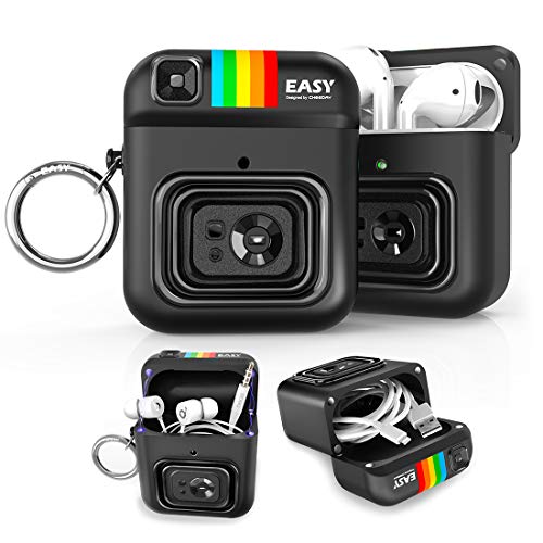 CHEEDAY Camera AirPods Case, Silicone Shockproof Protective Earbuds Magnetic Cover with Round Keychain