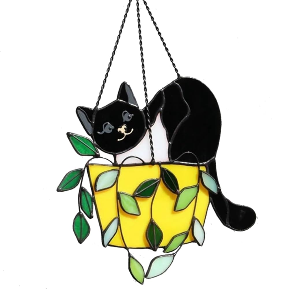 Osmond Cat In A Flowerpot Suncatcher Stained Glass Window Hangins, Crystal Suncatcher, Acrylic Suncatchers Kit, Wall Art A