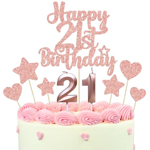 Gyufise 15Pcs Happy 21st Birthday Cake Topper Set with Heart Star Glitter Cheers to 21 Years Cake Picks Number 21 Candles Cake Decorations for Happy 21st Birthday Anniversary Party Supplies Rose Gold