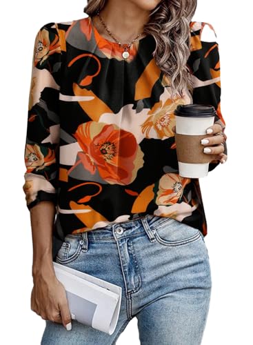 Samefar Womens Floral Black Blouses Dressy Casual Pleated Crew Neck Long Sleeve Shirts for Women Office Work Chiffon Blouses Medium