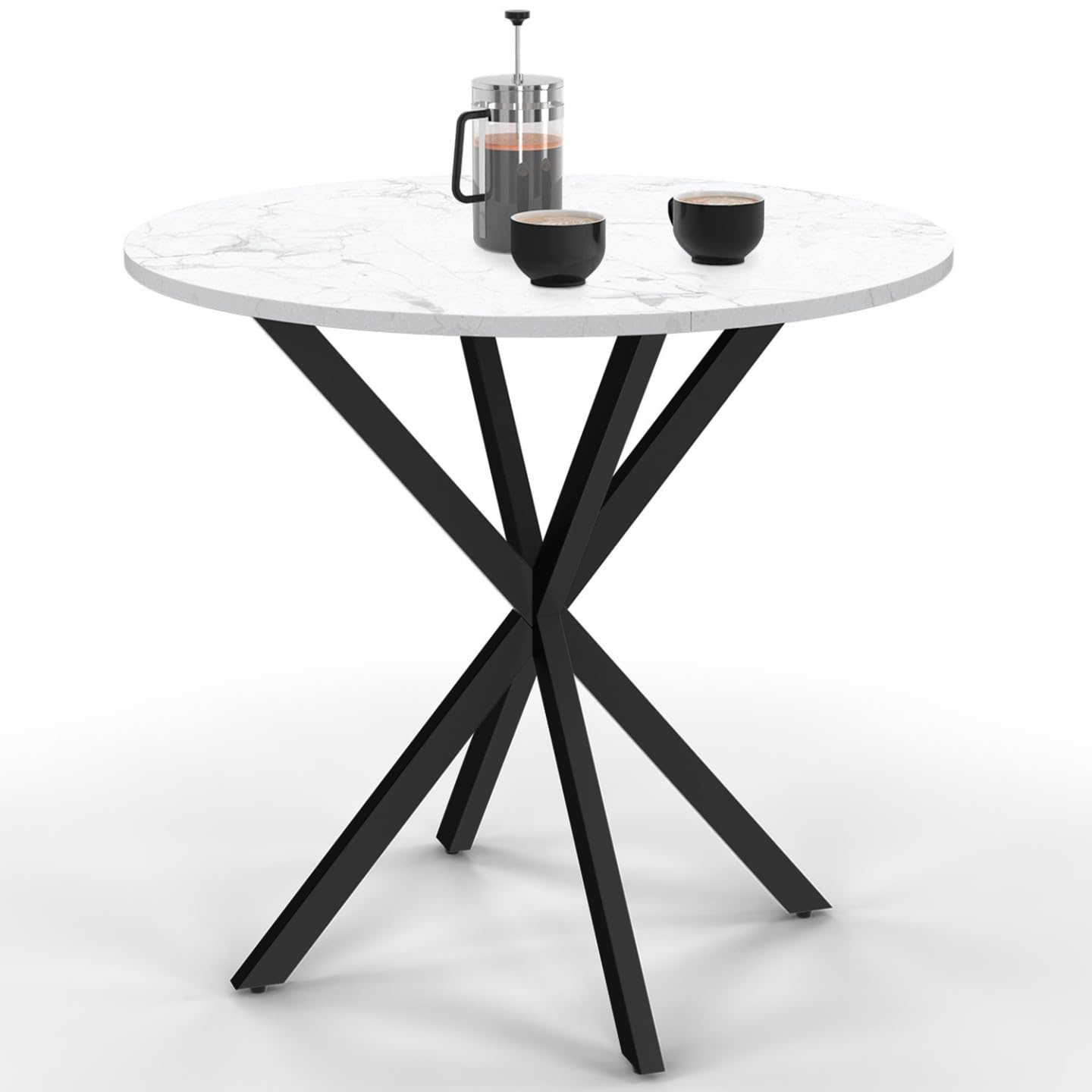 IDMarket – Mesa de comedor redonda Alix 4 personas Pie araña negro Bandeja efecto mármol blanco Alaska 80 cm