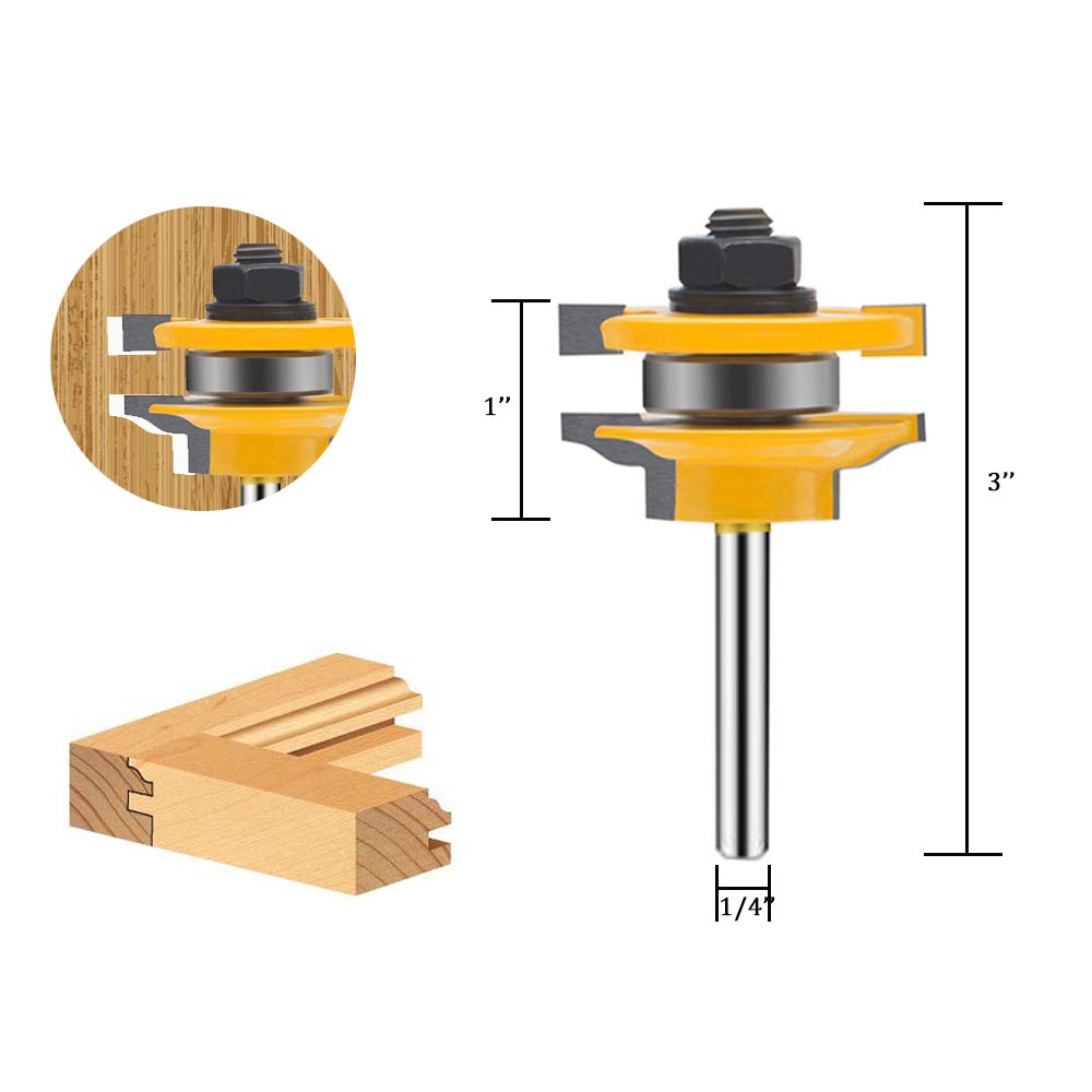 Maylne Set di 3 frese per fresatrice da 6,35 mm, con pannello rialzato rotondo per ante di armadietti, con codolo da 6,35 mm, giallo