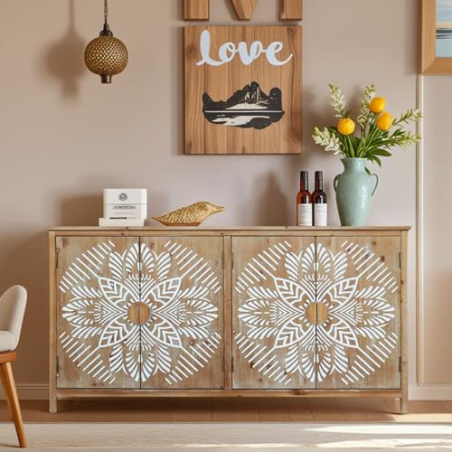Image of DAPHOHAVEN Carved Wood Sideboard Cabinet - Entry Way Accent Cabinet with Doors, Side Buffet & Storage for Living Room