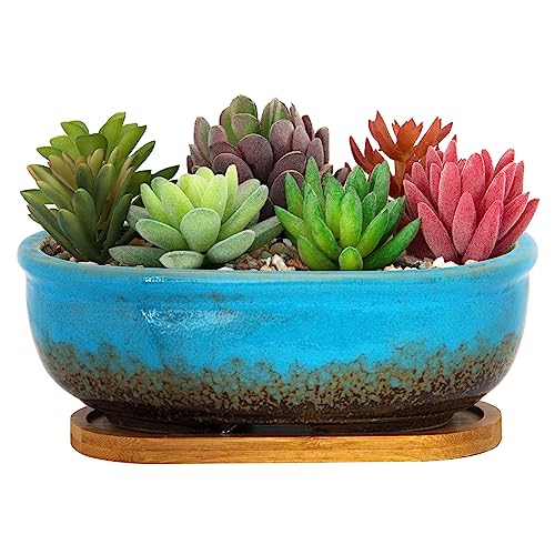 ARTKETTY Maceta Rectangular de 20 cm para Plantas de Interior, Maceta de cerámica para bonsái con Bandeja de Drenaje, Maceta pequeña para el hogar, jardín, Ventana