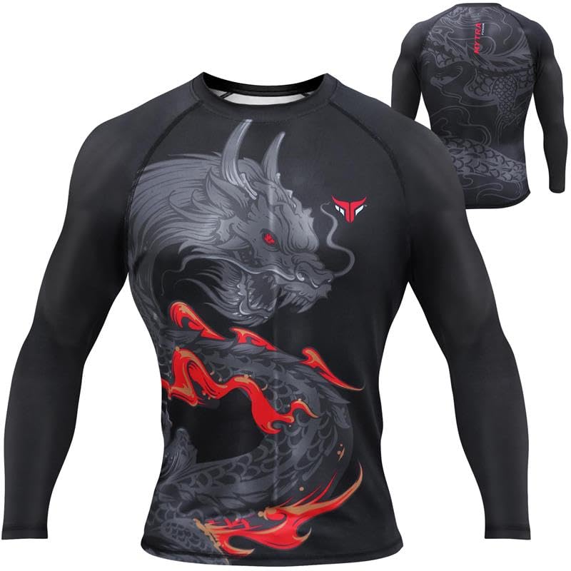 Mytra Fusion Rashguard BJJ Camiseta Compresion Breathable & Ultra Lightweight Rashguard para MMA, Gimnasio, Entrenamiento, Correr y Ciclismo (FR/ES, Letras, S, Regular, Regular, Black)