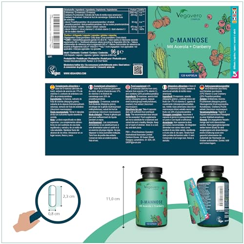 D-MANNOSIO Puro 2.000 mg | con Mirtillo Rosso e Vitamina C | 100% NATURALE | Alto Dosaggio | per Cistite e Vie Urinarie | Vegan e Senza Additivi | Testato in laboratorio | 120 capsule - Immagine 2