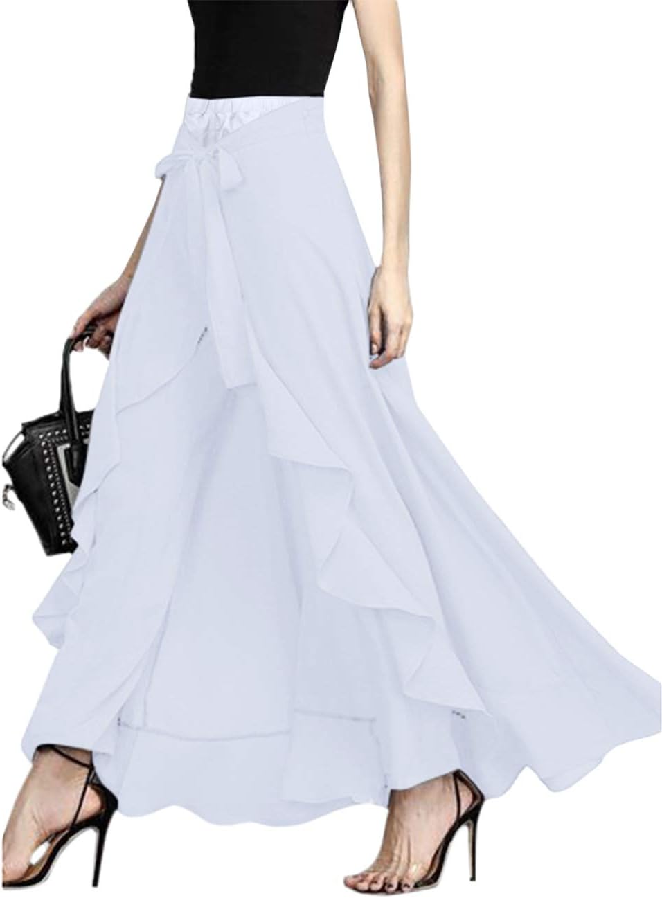 MAYFASEY Women's Solid Ruffle Wide Leg Tie-Waist Maxi Long Chiffon Palazzo Overlay Pant Skirts