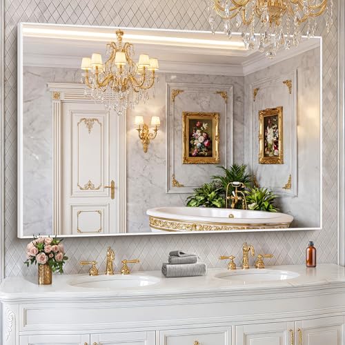 BONEWEI White Bathroom Mirror 60x40 inch Wall Mirror for Bathroom Wall Mounted Large Rectangle Mirror for Bathroom Over Sink Modern Metal Frame for Living Room Bedroom Entryway Horizontal/Vertical