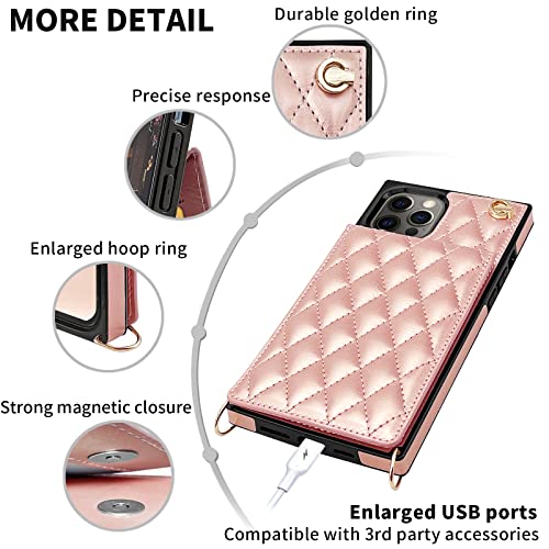 Hoggu Iphone 13 Pro Max Wallet Case - Quilted Leather, Card Holder, Kickstand, Crossbody Strap, Shockproof 6.7" -Rose Gold #TOP4