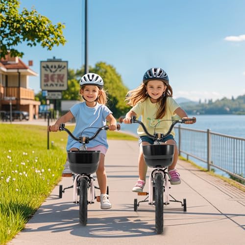 BABY JOY Kids Bike, 14" Tank Bear DIY Children's Bicycle with Training Wheels, Storage Basket, Adjustable Handlebar & Seat, Handbrake & Coaster Brake, Girls Boys Bike (Pink)