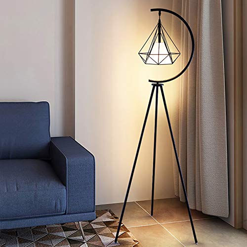 Lampadaire en métal trépied noir et sa lumière suspendue design