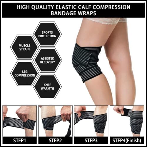 Image of FITPUT 2PCS Extra Long Elastic Knee Wrap Compression Bandage Brace Support for Legs, Plantar Fasciitis, Stabilising Ligaments, Joint Pain (Beige), Arthritis
