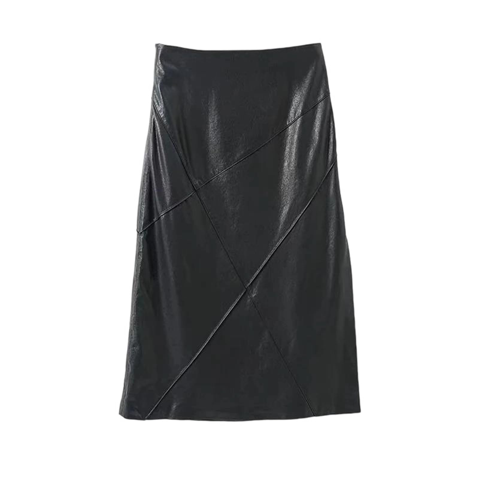 Womens High Waist A Line Genuine Leather Midi Skirt Slim Fit Diagonal Cut Style Elegant Retro Long Skirt
