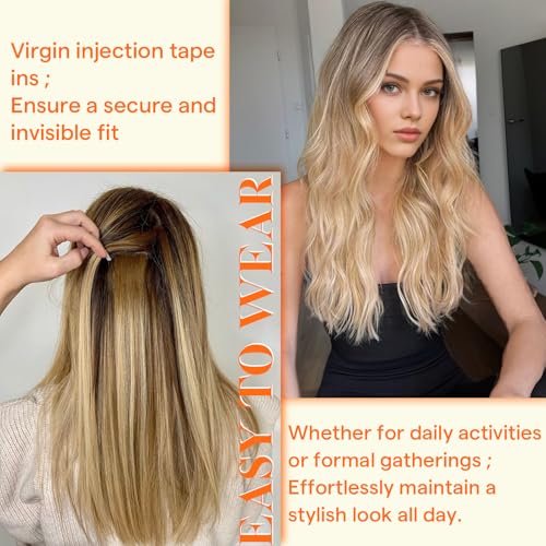 Image of Full Shine Virgin Human Hair Injected Tape in Hair Extensions,22 Inch 25g 10Pcs,Color 2 /18 /22 Brown to Ash Beach Blonde Ombre,Invisible Skin Weft Tape in Extensions for Natural Looking Length