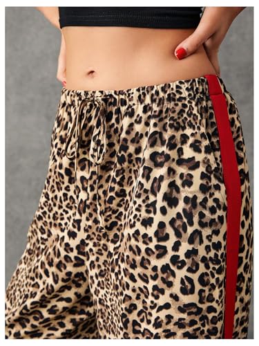 WDIRARA Women's Leopard Print Side Striped Wide Leg Sweatpants High Waisted Drawstring Baggy Pants3