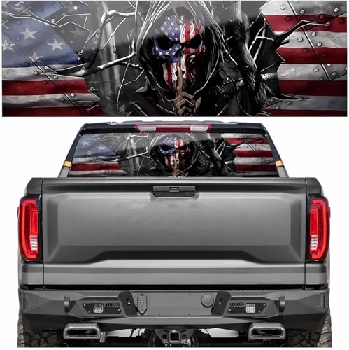 Image of Rear Window Decals for Trucks - 65x22 in Back Window Decals Fit Most Pickup Trucks SUV, Vinyl American Skull Flag Back Window Decal for Car Personalized Decoration - Skull Decal-1
