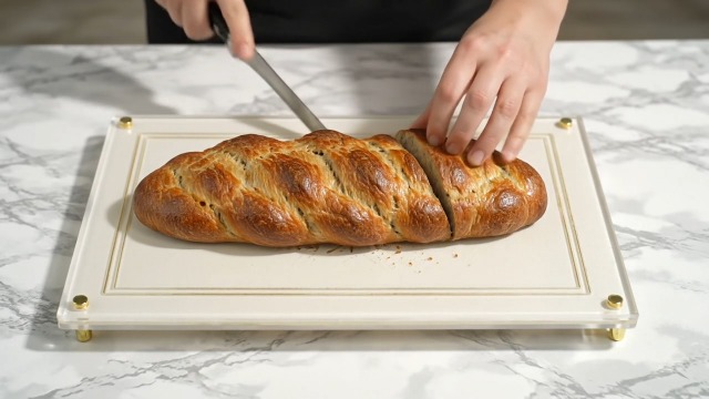 Tabla para cortar pan Challah rectangular blanca y dorada miniatura 7