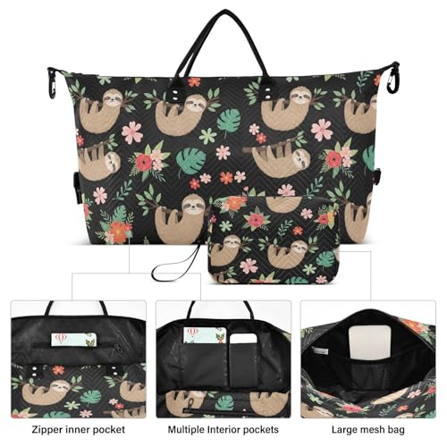 Cartoon Sloth Flowers Black Travel Duffel Bag for Men Women with Makeup Bag Weekend Overnight Carry On Bags for Travel Getaway Weekend2