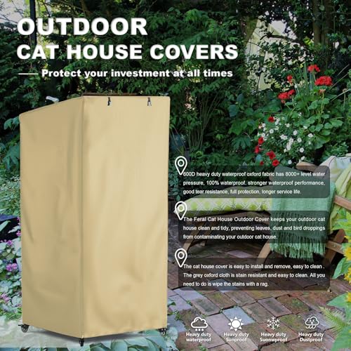 Image of Outdoor Cat House Cover - Extremely Waterproof Feral Cattery Enclosure - Large Cat Cage Condo - 32 inch L x 32 inch W x 71 inch H, Khaki