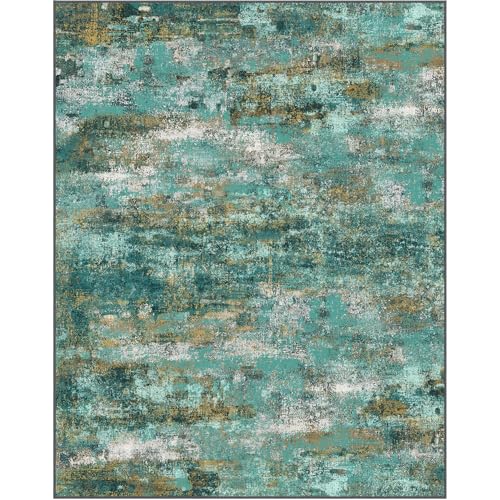 Machine Washable Rug 8x10 Area Rugs for Living Room Bedroom, Large Turquoise Abstract Area Rug Soft Throw Rugs, Low-Pile Floor Carpet with Non Slip Rubber Backing