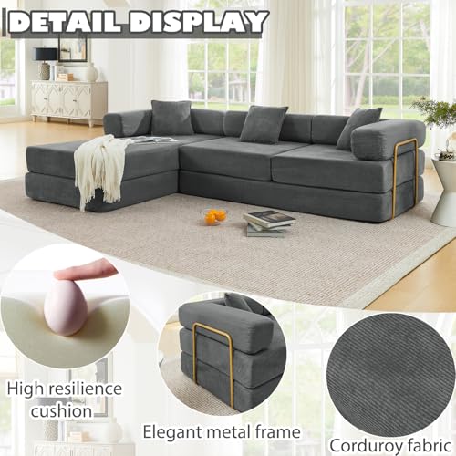 Image of HANXIN 108 inch Modular Sectional Sofa, Futon Convertible Sofa Bed,Oversized Corduroy Boneless Couch for Living Room,Floor Loveseat Sleeper with Pull Out Bed,Free Combination,No Assembly Required (Grey)