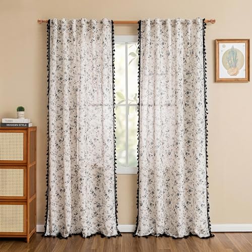 Image of MYSKY HOME Floral Boho Linen Curtains 84 Inch Length 2 Panels with Black Tassel Semi Sheer Black Cottagecore Vintage Farmhouse Spring Printed Window Curtains Back Tab Living /Dining Room, 50 inch Wide