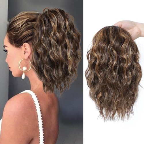 XFSRG Queue de Cheval Postiche 30 cm avec Cordon et Design Ondulé comme Extension Capillaire Synthétique pour Femmes pour Allongement Facile ou Queue de Cheval Volumineuse (Brun mélangé)