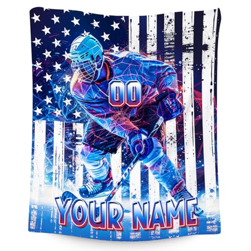Hockey Blanket, Personalized Boys Blanket, Custom Ice Hockey Gifts for Sports Lovers, Cozy Flannel Throw for Adults, 60"x80"