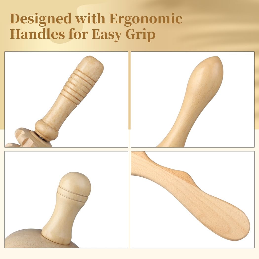 KIT COMPLETO IN LEGNO Maderoterapia Set 4 Pezzi con Tavola Contouring, Coppa, Rullo, Massaggiatore Funghi per Sollievo Muscolare & Salute Linfatica