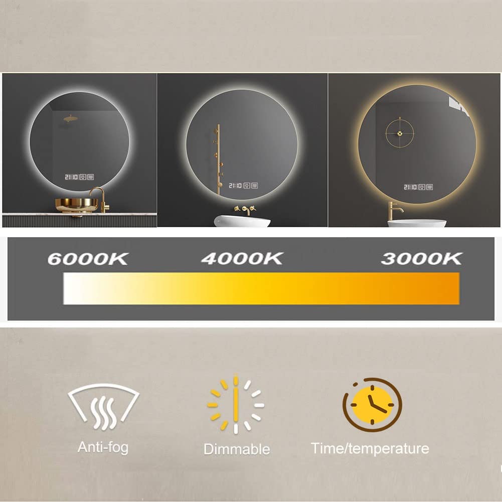 Amazon.co.jp: ミラー壁掛け 丸型 鏡防曇 タッチセンサー時間 多照明