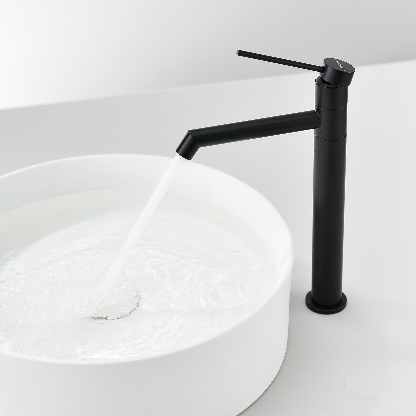 Grifo de Lavabo Elevado, Grifo de Baño 222 MM, con Aireador Extraíble y Cartucho Cerámico, Giro de 360°, Mezclador de un Solo Mango para el Lavabo del Baño, para Lavabos Elevados de Baño, Negro