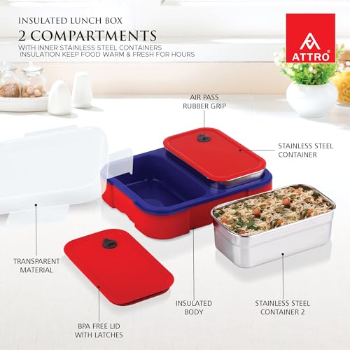 Image of ATTRO Admire 2 Insulated Lunch Box | 2 Removable Stainless Steel Containers with Lids | BPA-Free, Food Grade, Leak-Proof| Ideal for School, Office & Outdoor Use| 800ml, Cherry Red