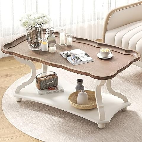 Function Home Farmhouse Coffee Table, Modern Cocktail Table with Storage Shelf, Sofa Table with Natural Tray Top and Carved Legs for Living Room, Bedroom, Dining Room in Vintage White Cover