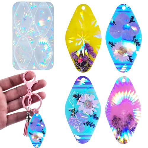 Vintage Holographic Blank Hotel Keychain Resin Silicone Mold Motel Dormitory Keychain Bulk Epoxy Casting Mold for DIY Art Craft Jewelry Making Necklaces Bracelet Keychain Pendant Earrings Decoration