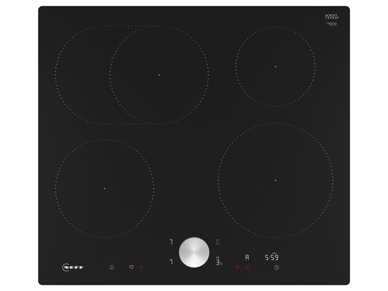 NEFF T56PTF1L0 - Piano cottura a induzione N90, piano cottura autosufficiente in vetroceramica, larghezza 60 cm, Twist Pad, Home Connect, Smart Hood Automatic, livello di potenza, a filo di