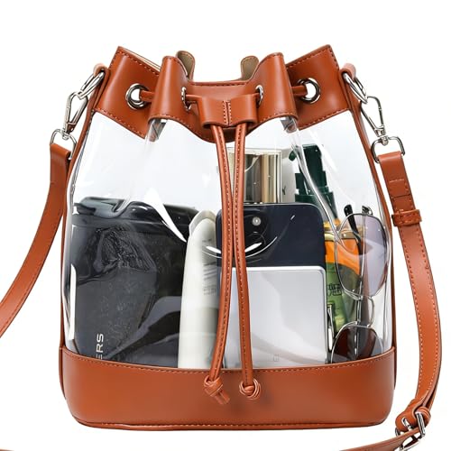 ArtiSoul Clear Bag for Stadium Approved Clear Crossbody Bucket Bag Transparent PVC Purse for Women Concert Stadium Events (Brown)