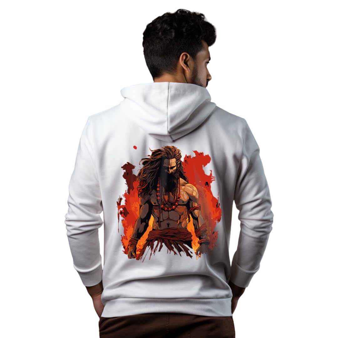 Solid White Aghori Back Printed Pullover Full Sleeve White Hoodies Full for Men-image-2