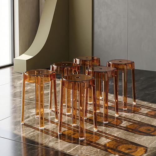Image of The Artment your artistic apartment Tan Color CrystalNest Transparent Acrylic Stackable Round Accent Stool, Modern Side Stool for Living Room, Bedroom and Home & Office (Set of 6)