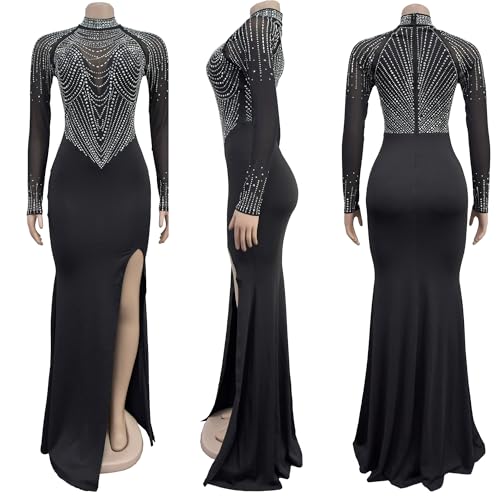 Image of PORRCEY Women's Sexy Rhinestone Lace Sheer Mesh Formal Evening Dress