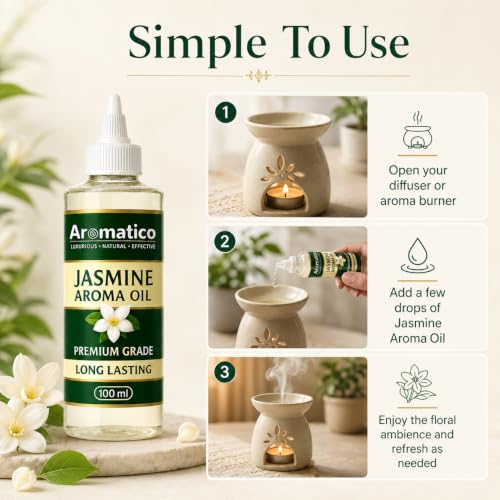 Image of AROMATICO Pure Jasmine Aroma Diffuser Oil with Long-Lasting Fragrance for Homes, Offices & Showrooms | Ideal Aromatherapy for Diffusers, Reed Diffusers, Air-Purifiers & Candles - 100 ml
